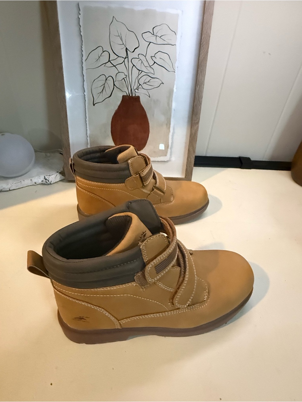 Youth Sz 6 Deer Stags Tan and Brown Ankle Boots with Hook-and-Loop Straps